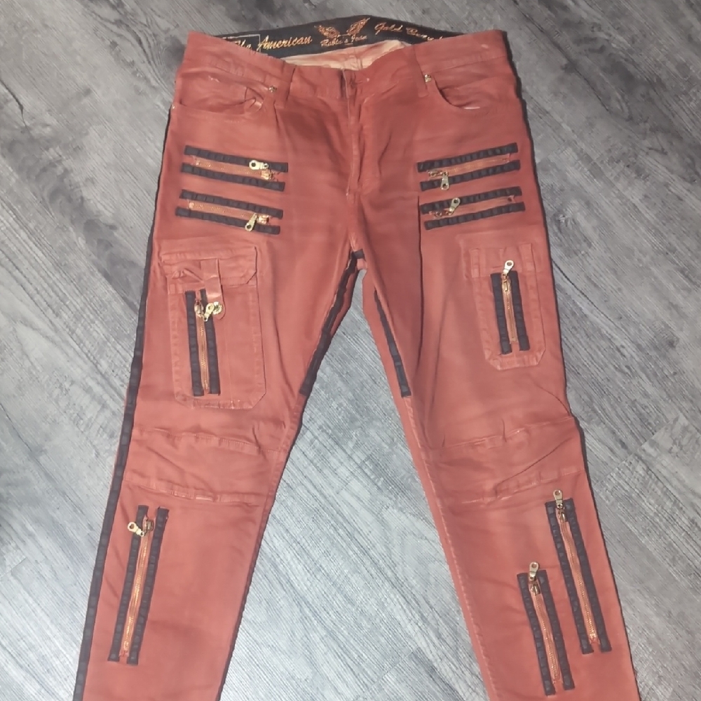Robin's Jean Rust Red Slim Straight Jeans with Black Zipper Accents